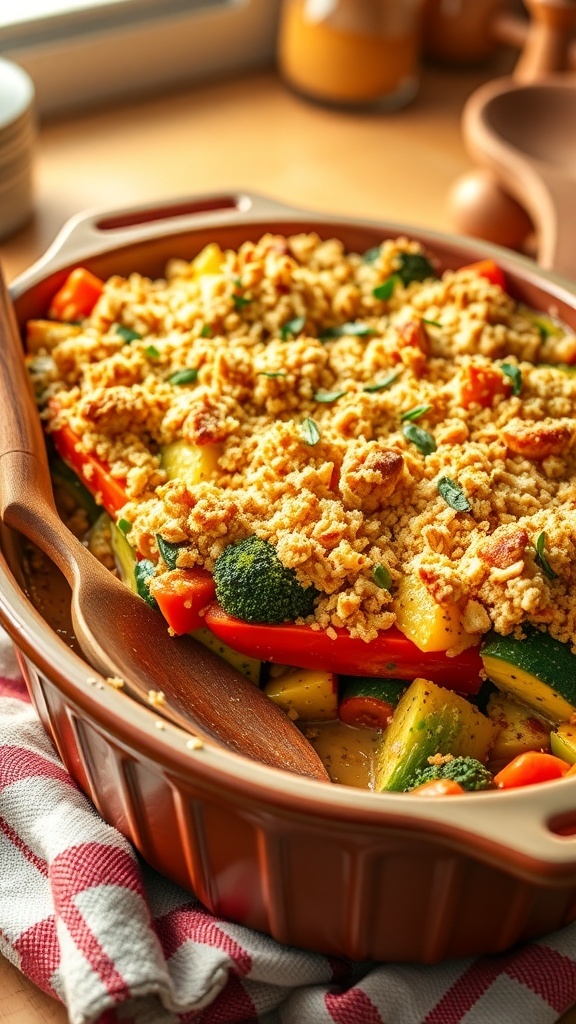 A baked vegetable casserole with zucchini, bell peppers, carrots, and broccoli topped with breadcrumbs in a rustic dish.